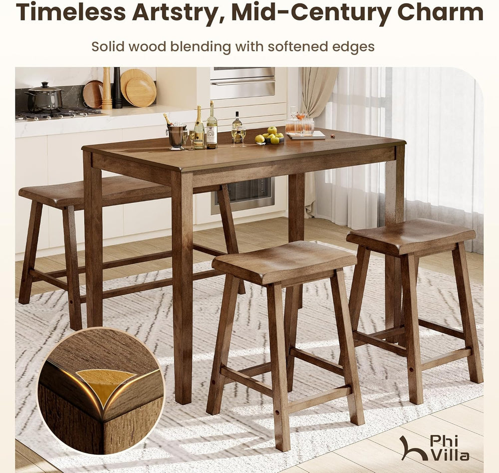 PHI VILLA Counter Height Bar Table and Chairs Set for 4, Rustic Caramel