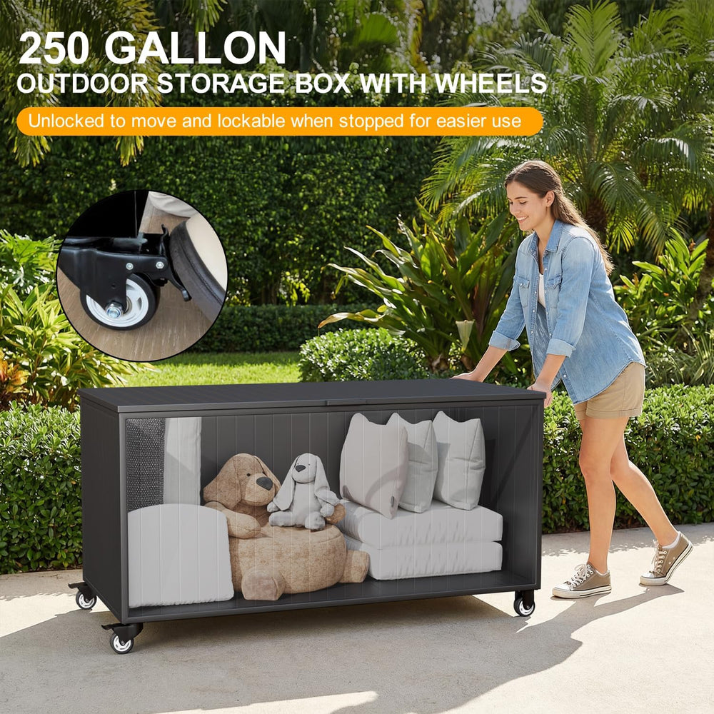 250 Gallon Metal Large Outdoor Deck Box with 4 Wheels, Black