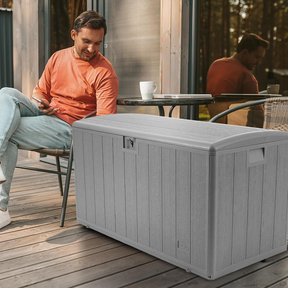 Plastic Development Group Outdoor Deck Box, Soft Close, Gray, 105 Gal
