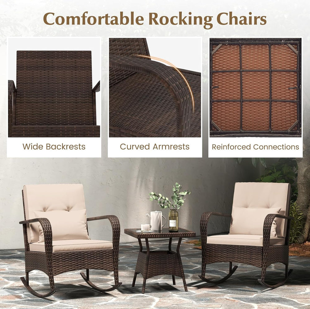 COSTWAY Outdoor Rocking Chairs Set of 2, 3 Piece PE Wicker Patio Bistro Set