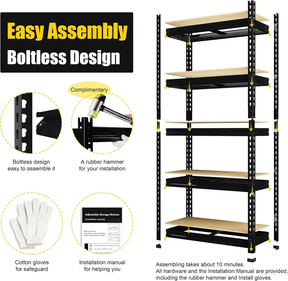 PrimeZone 5-Tier Garage Storage Shelves, Adjustable Metal Shelving, Black