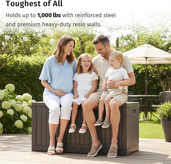 EAST OAK 120 Gallon Outdoor Storage Box | Large Resin Deck Box with Reinforce...