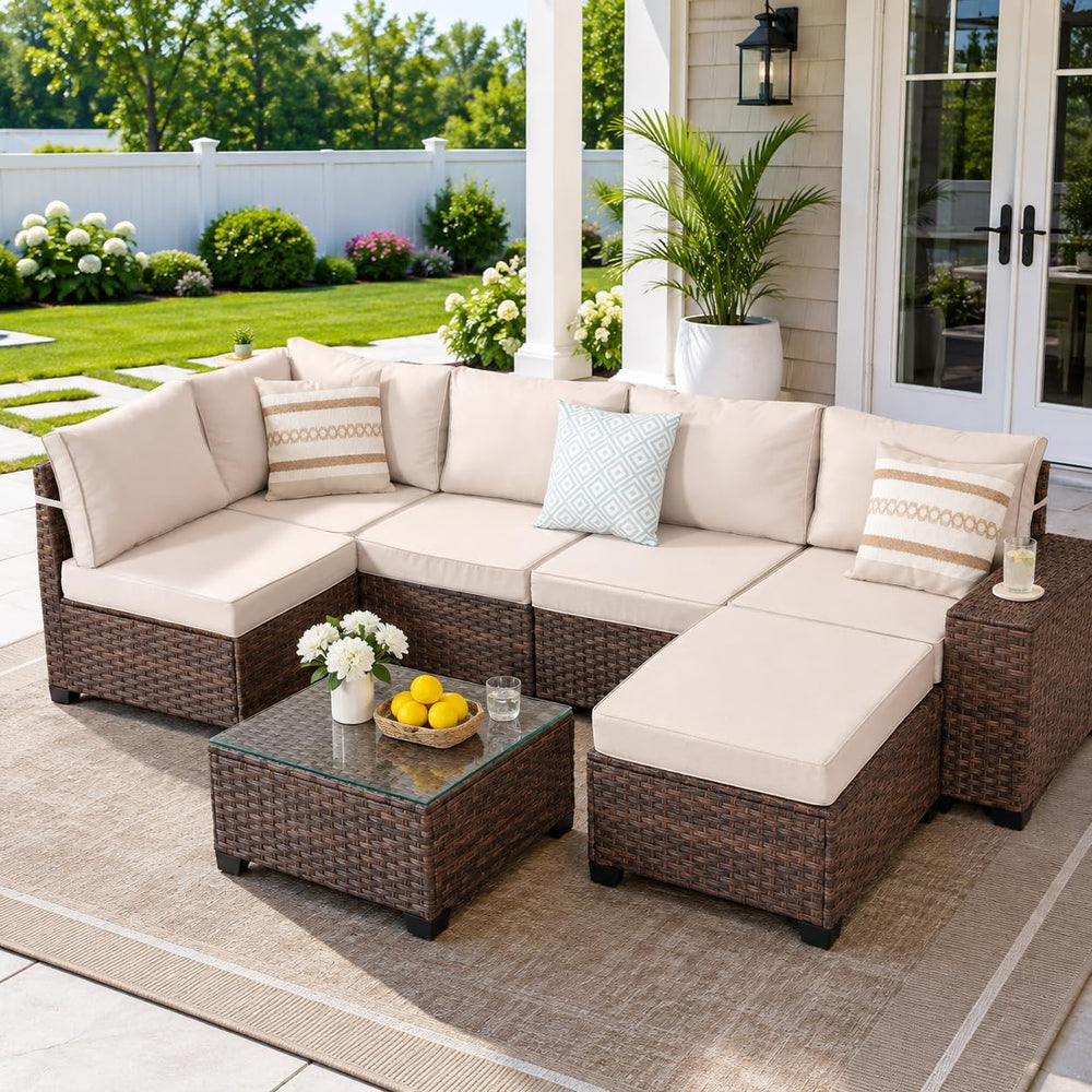 7 Pieces Patio Furniture Set - All-Weather Wicker Outdoor Sectional Sofa, Rat...
