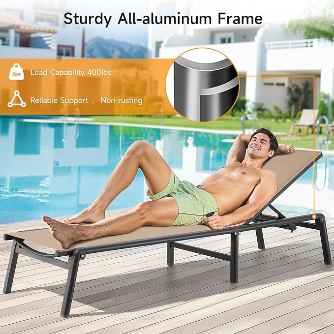 ONBRILL Aluminum Chaise Lounge Chair Outdoor, Foldable & Assembly Free Ou...