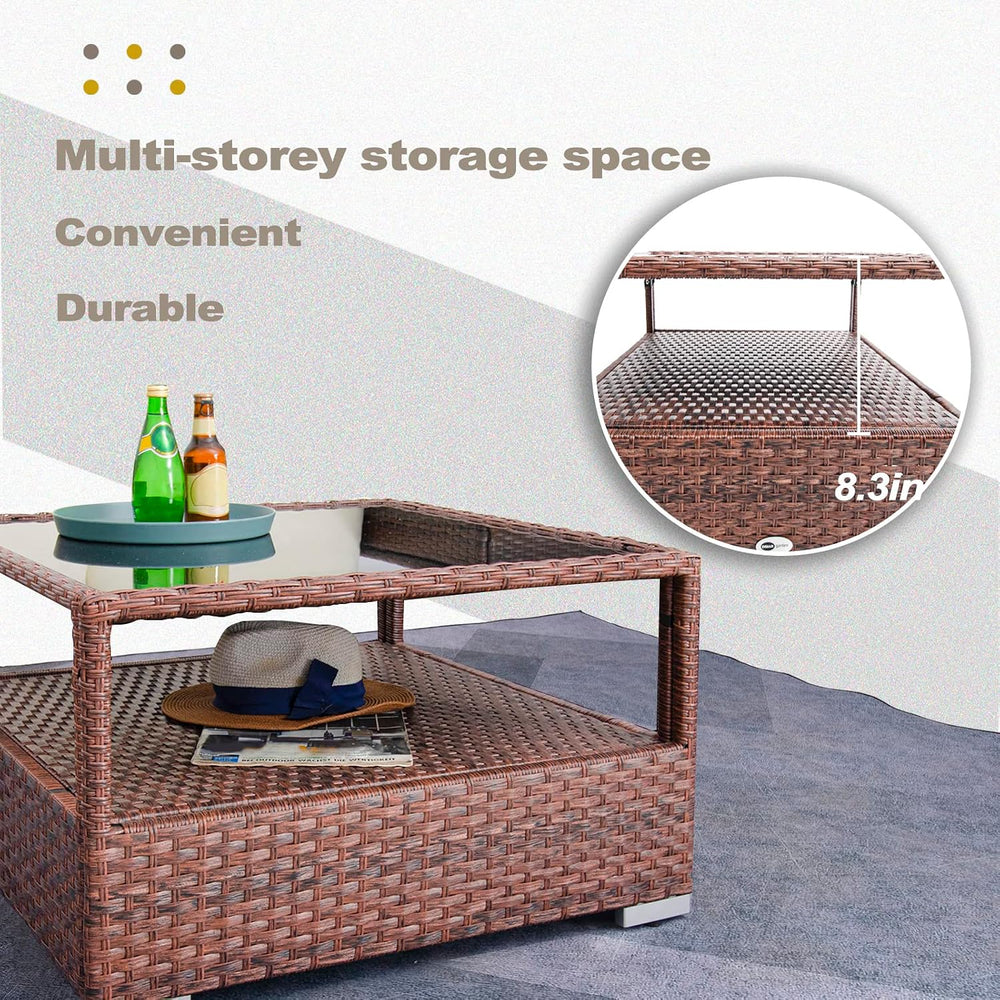 DIMAR GARDEN Outdoor Coffee Table Wicker Patio Rattan Side Table with Glass T...