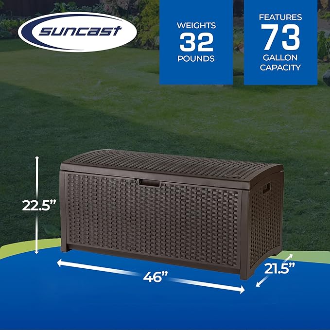 Suncast Outdoor Storage Box - 73 Gallon Mocha Brown Deck Box for Patio, Water...
