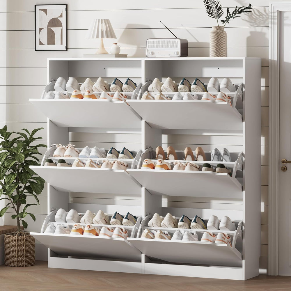 Shoe Storage Cabinet for Entryway with 6 Flip Drawers, Sturdy Wood Hidden Sho...