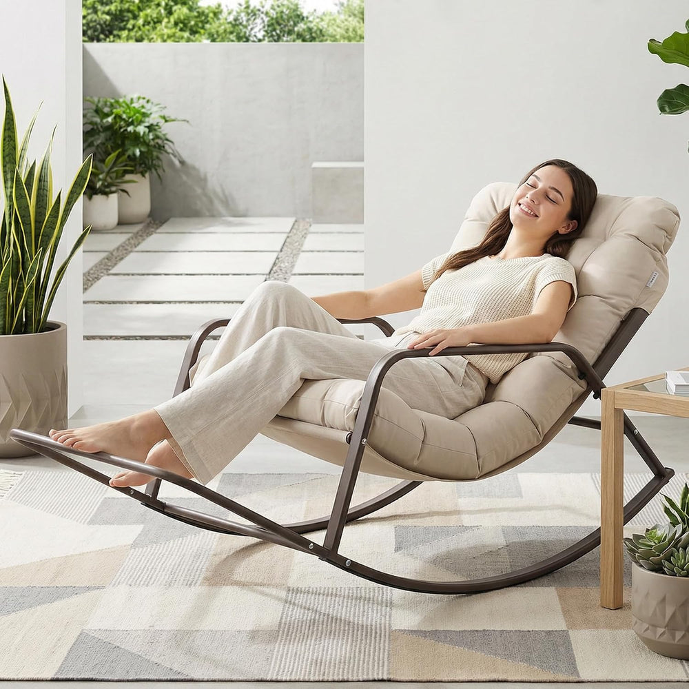 BULEXYARD Outdoor Papasan Rocking Chair with Footrest, Beige