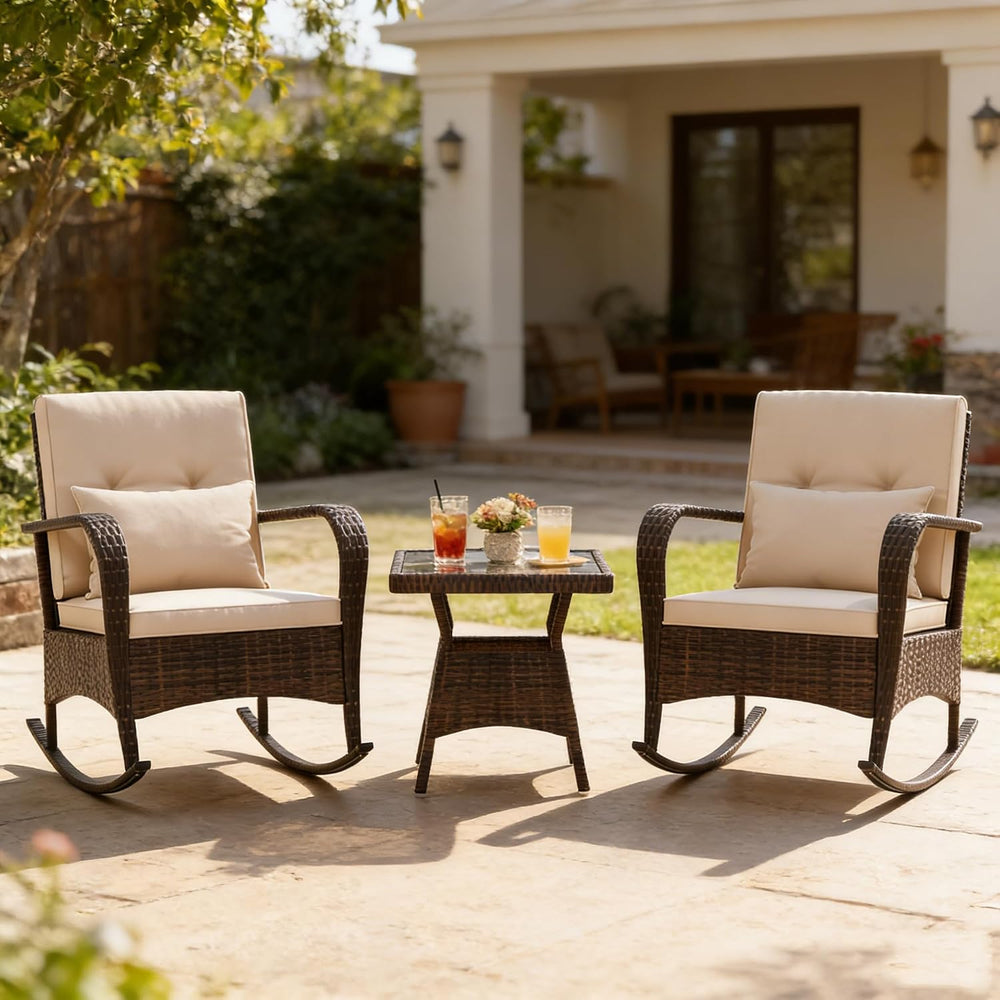 COSTWAY Outdoor Rocking Chairs Set of 2, 3 Piece PE Wicker Patio Bistro Set