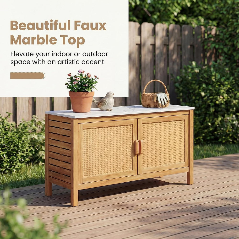 Giantex Acacia Wood Outdoor Cabinet, Storage Cabinet w/Faux Marble Top, Ratta...