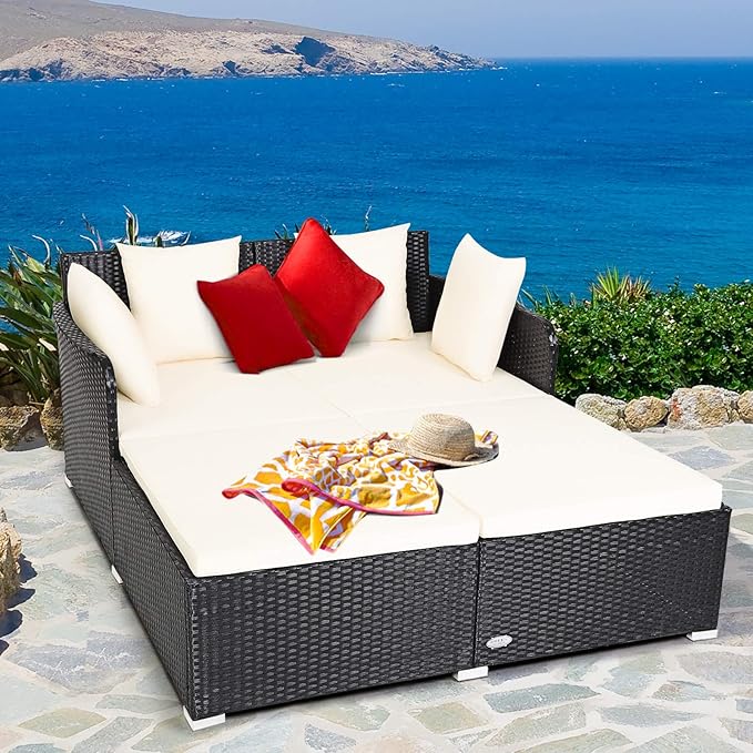 COSTWAY Outdoor Patio Rattan Daybed, Sponge Cushioned Loveseat Sofa with 4 Pi...