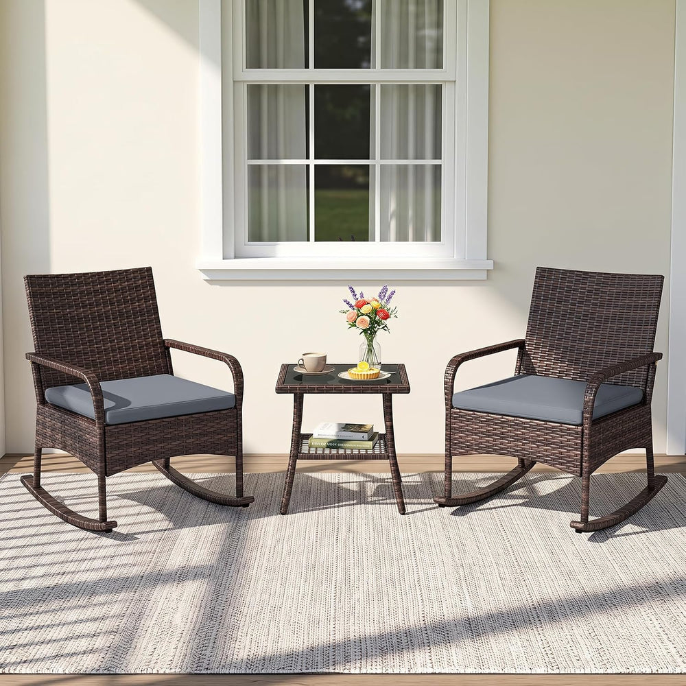 Tangkula 3-Piece Outdoor Wicker Rocking Bistro Set with 2-Tier Coffee Table