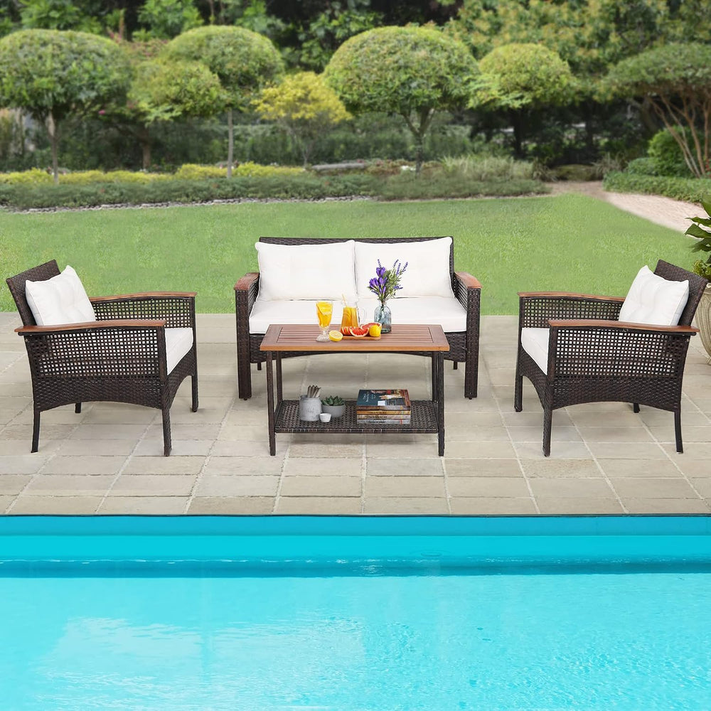 Tangkula 4-Piece Patio Furniture Set, Patiojoy Acacia Wood Outdoor PE Wicker ...