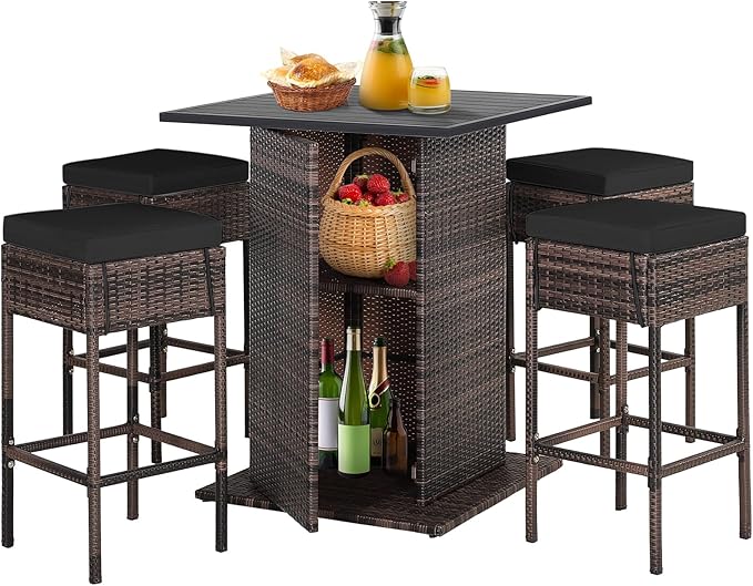 Tangkula 5 Piece Outdoor Rattan Bar Set, Patio Bar Furniture with 4 Cushions ...
