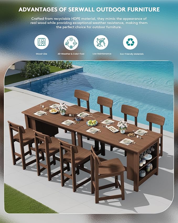 SERWALL 3-Piece Outdoor Counter Height Bar Set, HDPE Patio Bar Table with Win...