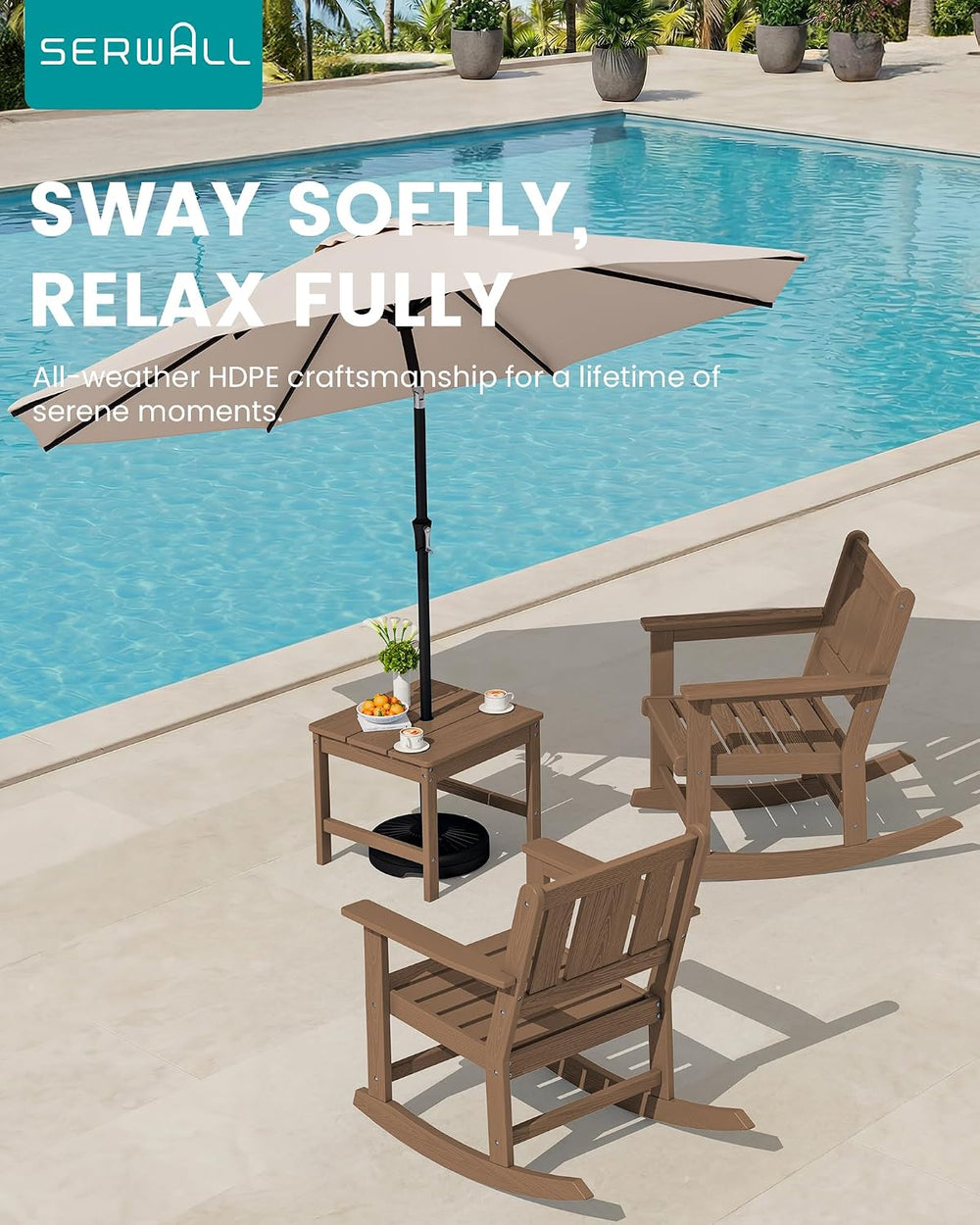SERWALL 3-Piece Patio Furniture Set with 2 Rocking Chairs & Table, Brown