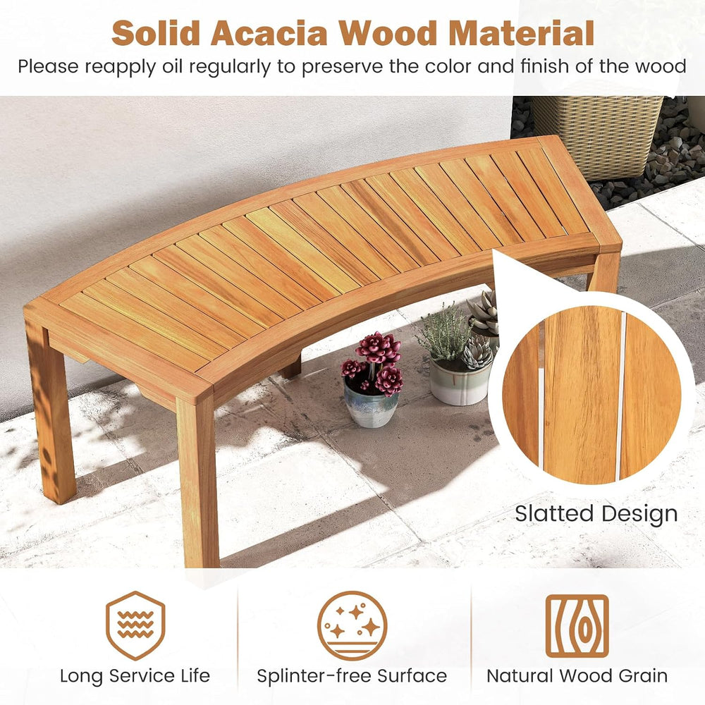 HAPPYGRILL Outdoor Curved Bench, Acacia Wood Backless Fire Pit Bench with Sla...