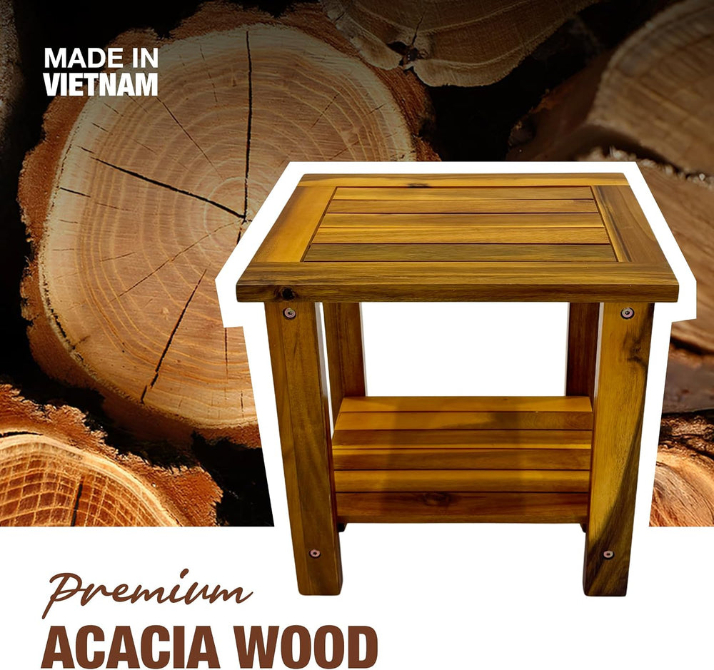 Outdoor Patio Side & End Table, Nightstand, Acacia Wood, 16.5 in, 2-Tier