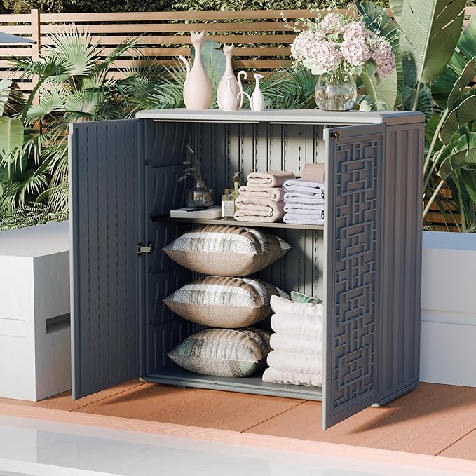 Indoor Outdoor Storage Cabinet Waterproof with Shelf,Plastic Storage Sheds Ou...