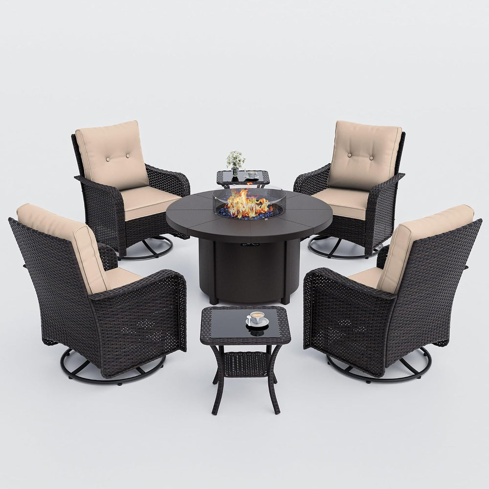 7Pcs Patio Furniture Swivel Chair Set with 55,000 BTU Round Fire Pit-Sand