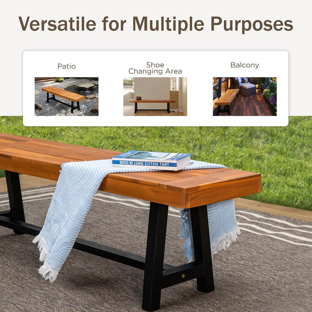 PHI VILLA 63" Outdoor Acacia Wood Bench, Oil Finished, Teak, 2 Pack