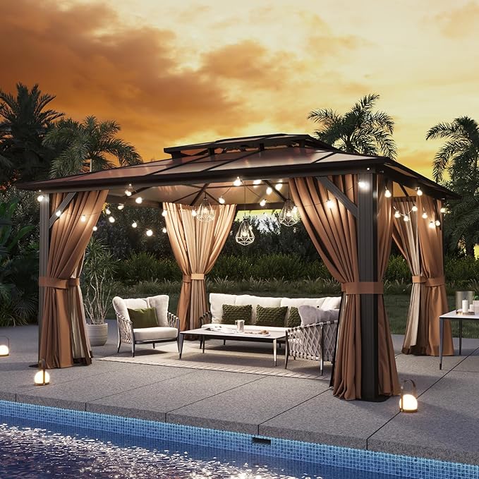Aoxun 12'x10' Hardtop Gazebo, Aluminum Frame Permanent Pavilion with ...
