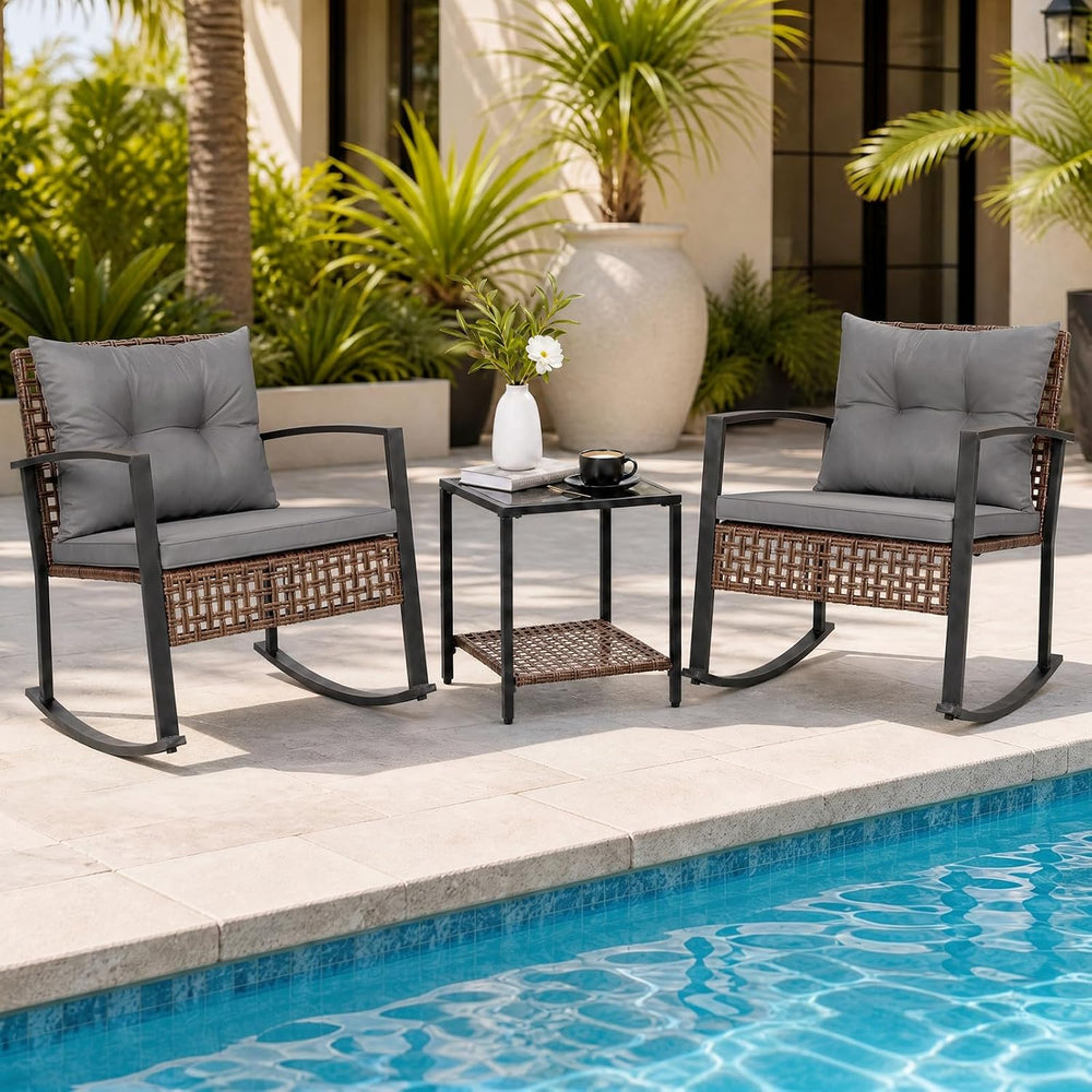 Tangkula 3-Piece Outdoor Rocking Chair Set w/ 2-Tier Glass-Top Side Table