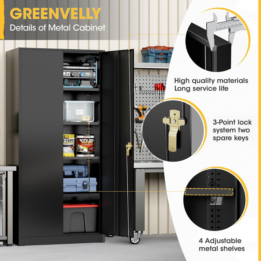 72" H Metal Storage Cabinet with 2 Doors and 4 Adjustable Shelves, Black...