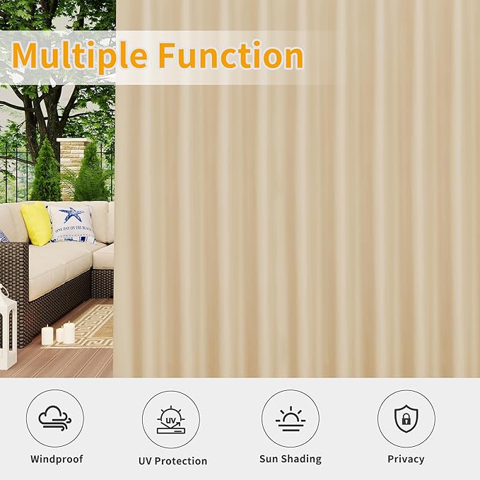 Easy-Going Outdoor Patio Curtains Detachable Tab Top Windproof Weatherproof C...