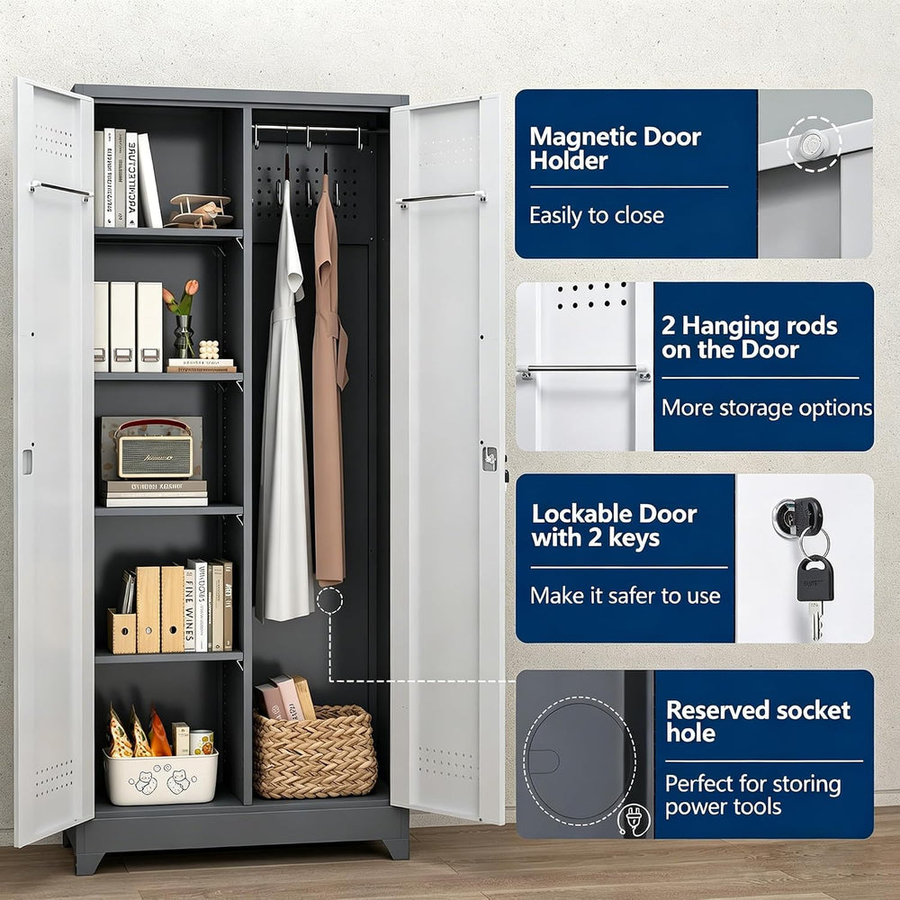 Broom Closet Storage Cabinet, 72" H Metal Garage Storage Cabinet with Lo...