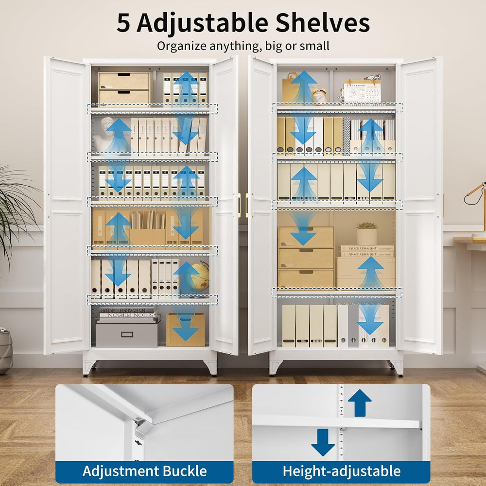 75" White Metal Storage Cabinet with Doors, Heavy Duty