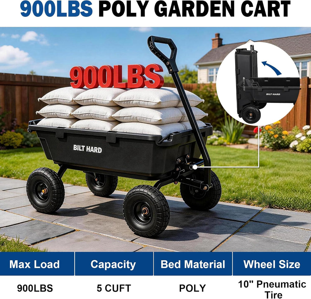 BILT HARD 900 lbs Poly Garden Dump Cart, 5 Cu.Ft Wheelbarrow Cart with 10&quo...