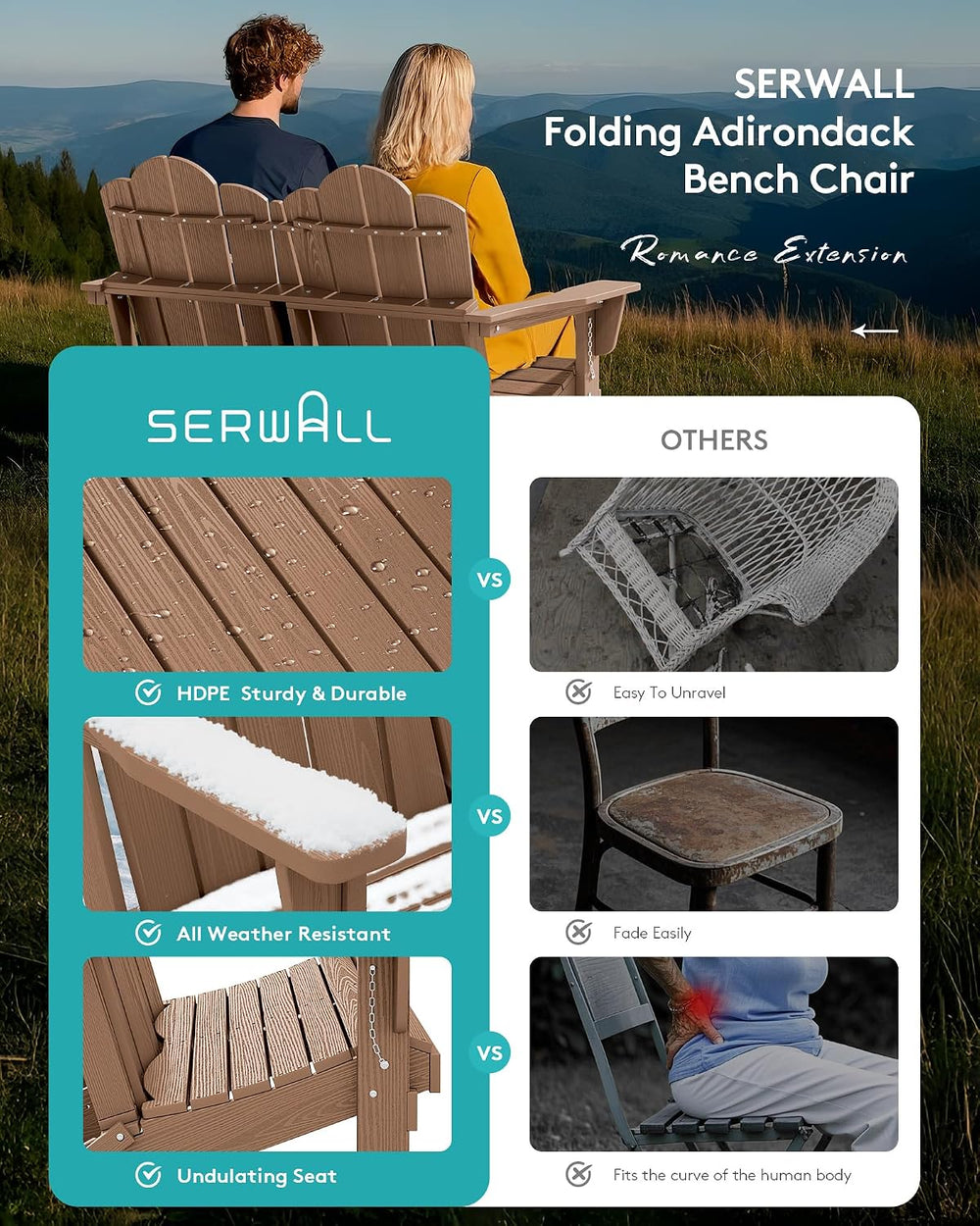 SERWALL Folding Adirondack Bench, HDPE Outdoor Bench, 660lbs Cap, Brown
