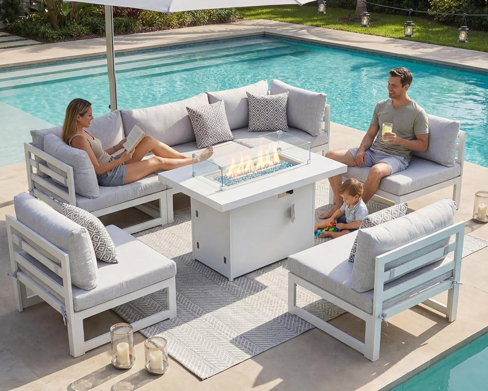 NICESOUL 7 Piece White Powder-Coated Aluminum Patio Furniture with Fire Pit T...