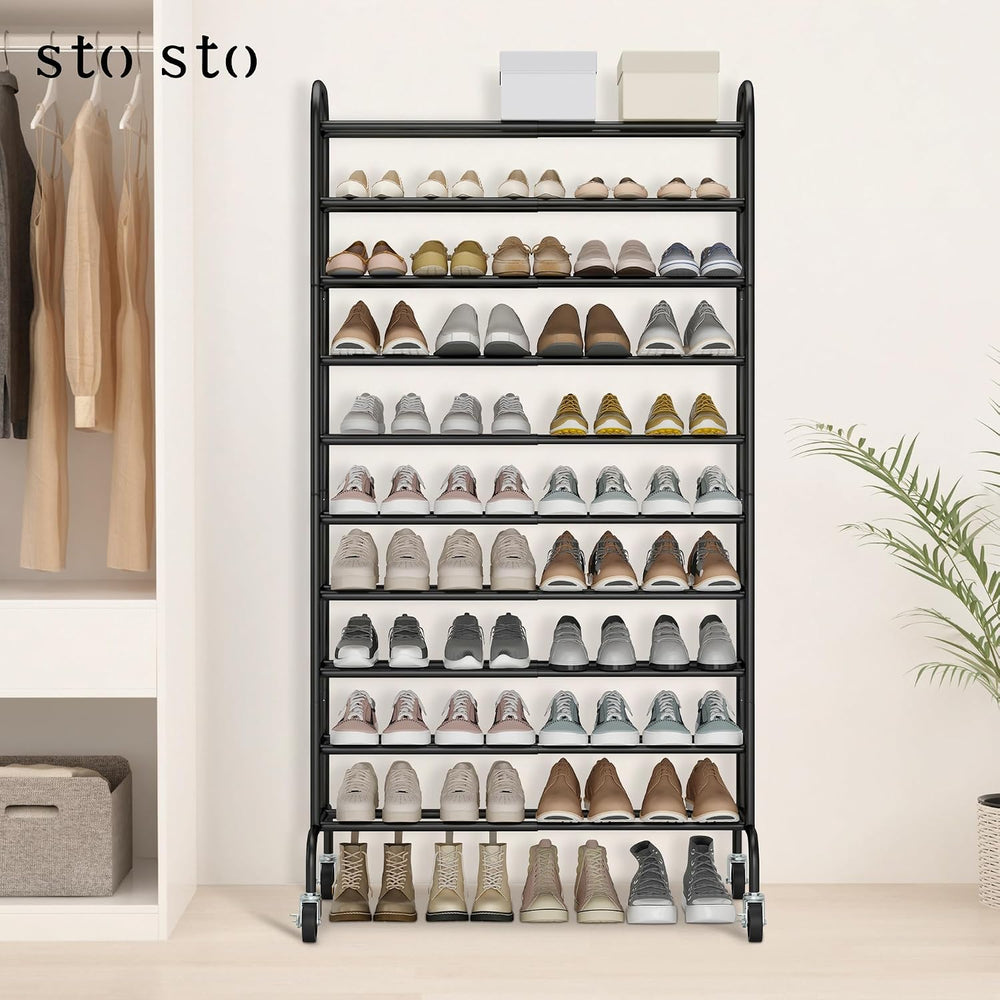 STO STO 10-Tier Expandable Tall Shoe Rack for Garage, 44 Pairs, Black