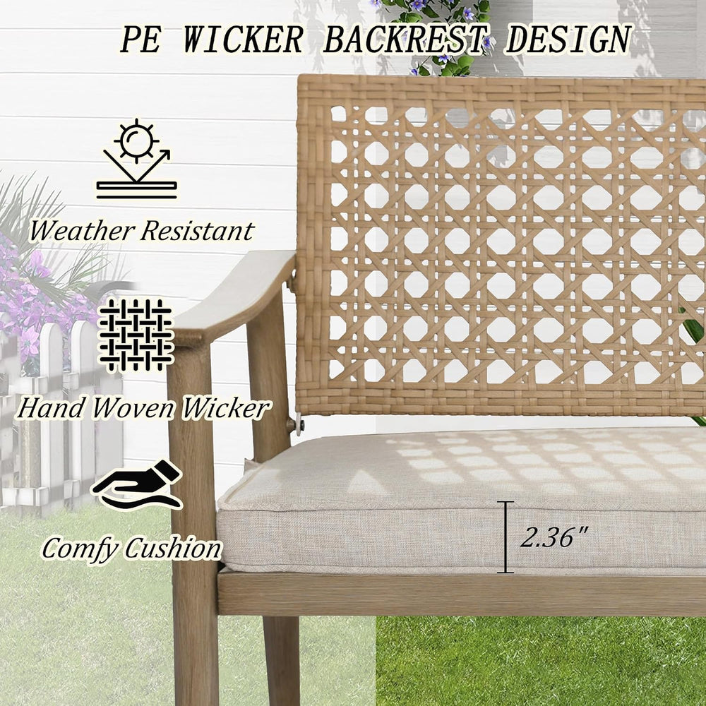 NOBLEMOOD Outdoor Patio Bench with Wicker Backrest,Cushion & Aluminum Frame