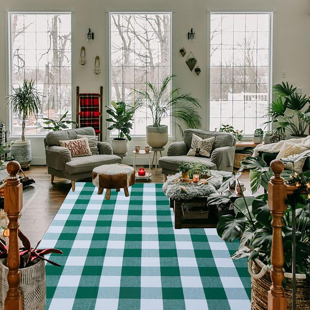 Green and White Buffalo Plaid Outdoor Rug Spring Door Mat Layering Rug Welcom...