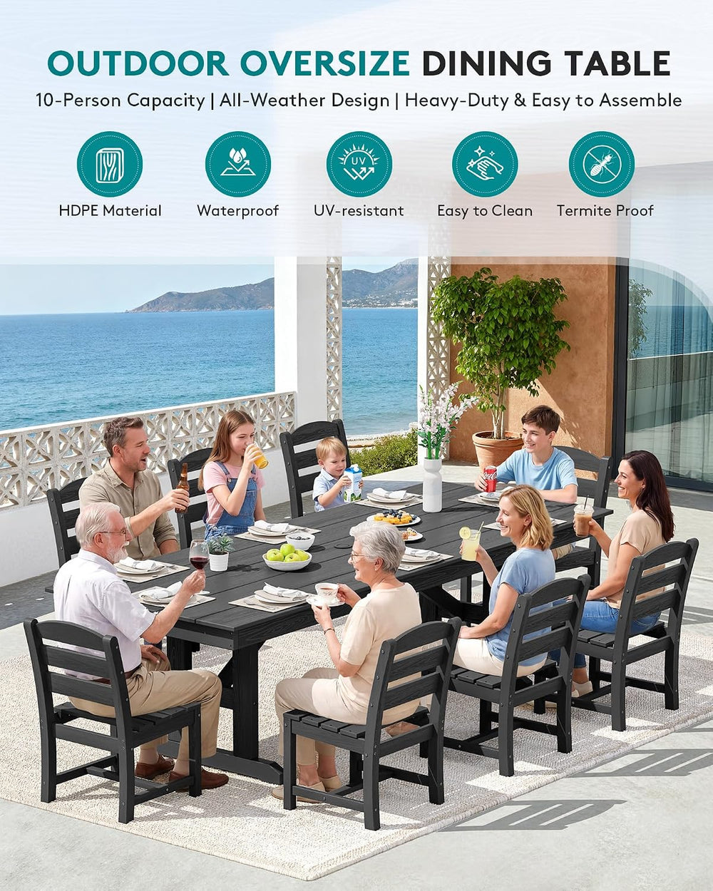 SERWALL 9Pcs 84" HDPE Outdoor Dining Set for 8 with Armless Chairs,Black