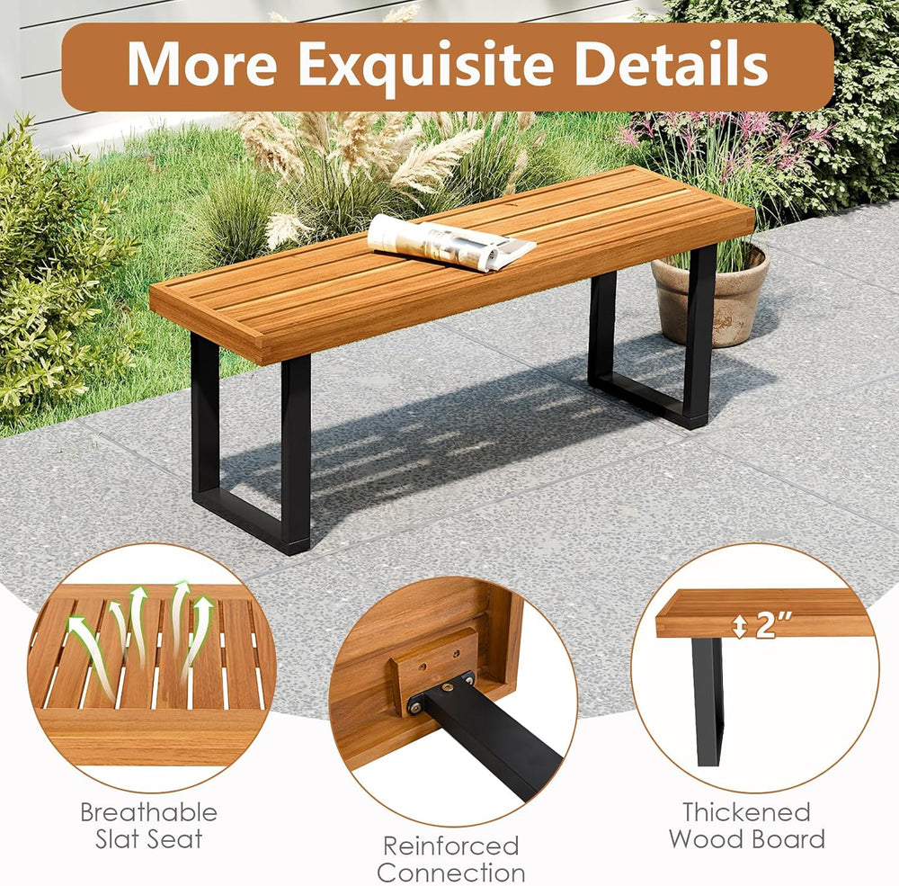 HAPPYGRILL Acacia Wood Bench for 2 People, Outdoor Dining Bench with Metal Le...