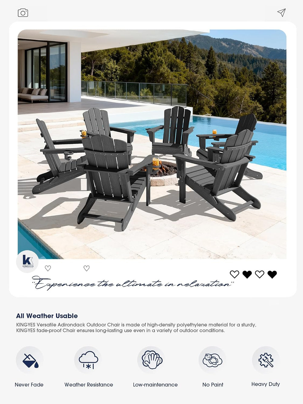 KINGYES Folding Adirondack Chair Set of 2 with Cup Holder, Grey