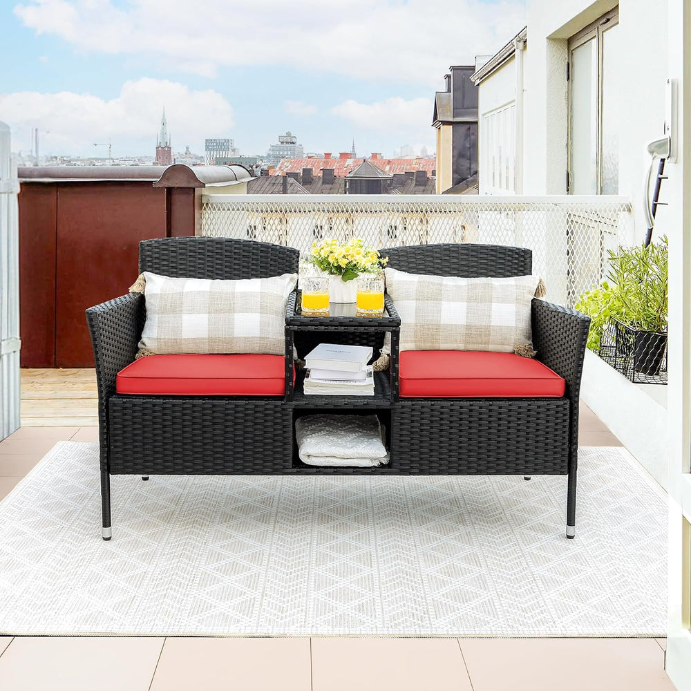 Flamaker Outdoor Furniture Patio Loveseat Wicker 2-Seat Porch Chairs Red
