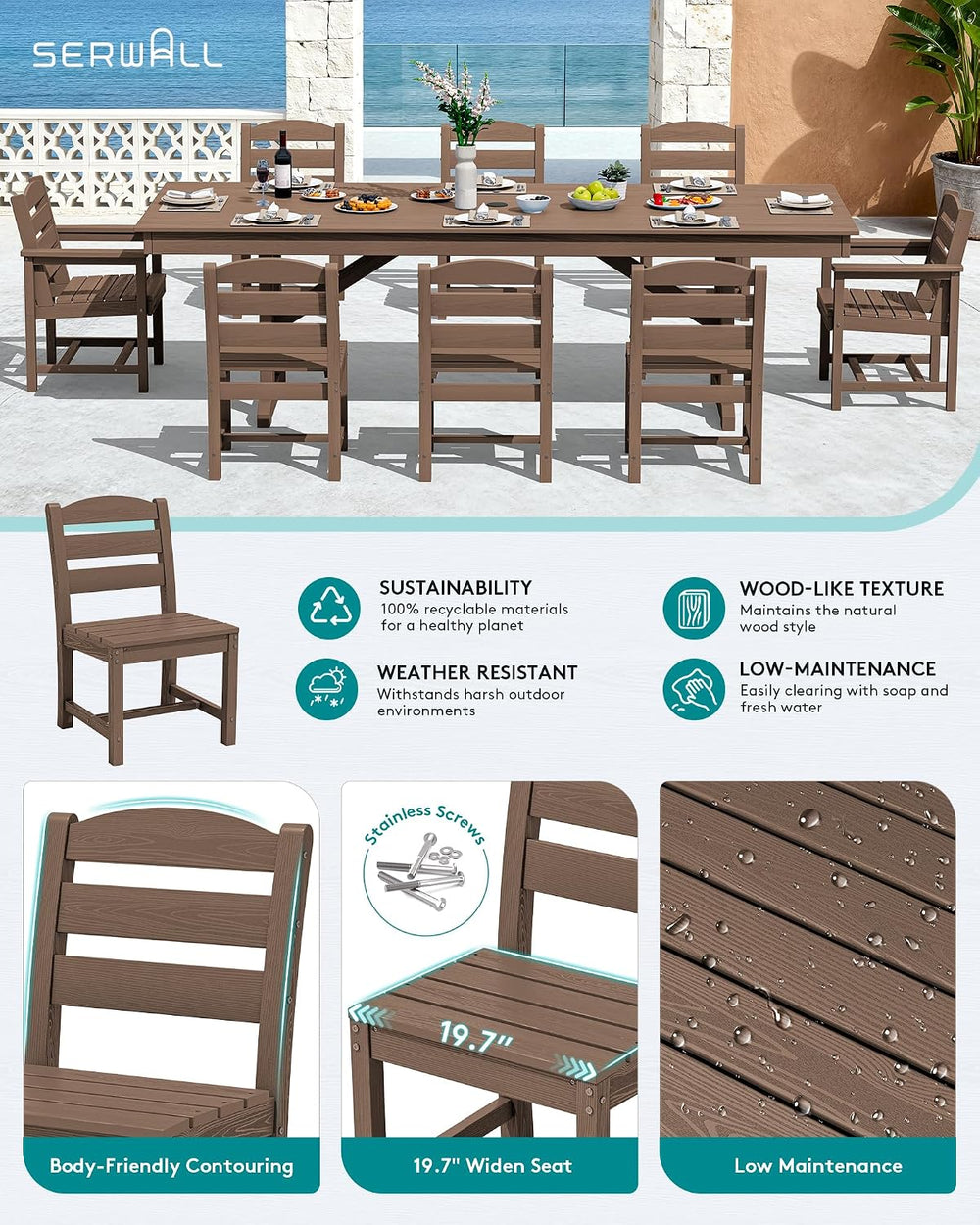 SERWALL 9Pcs HDPE Outdoor Dining Set w/6 Armless, 2 Armchairs for 8,Brown