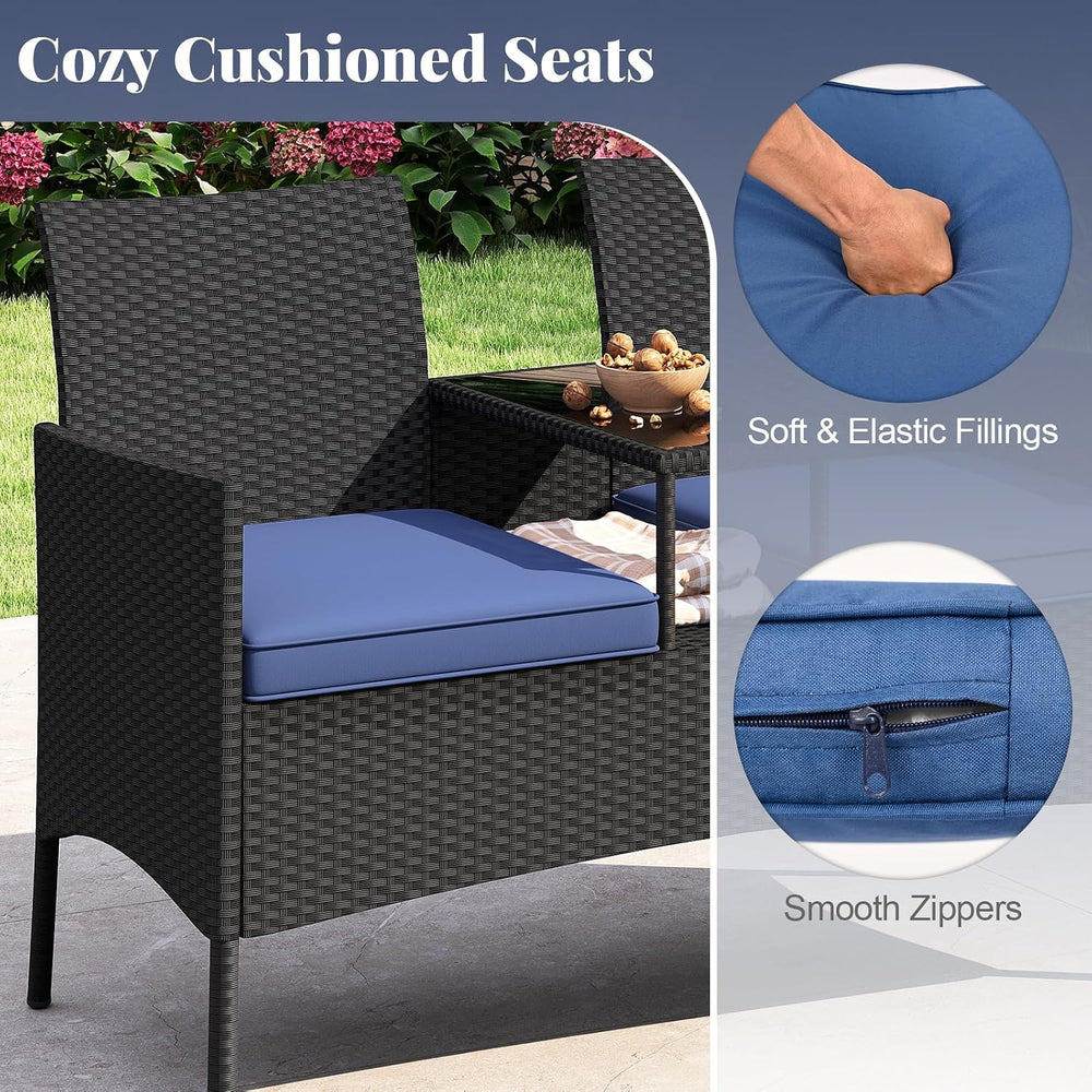 Tangkula Patio Loveseat with Built-in Table, Wicker 2-Seat Furniture with Sof...