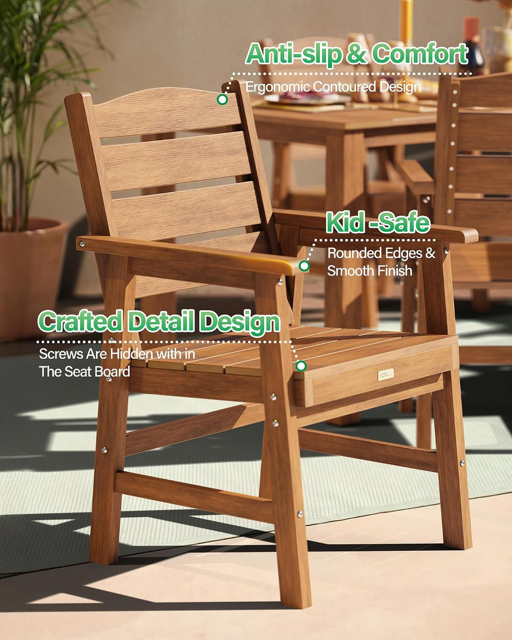 YEFU 5 Piece Square Patio Dining Set, Sturdy Aluminum Frame, HIPS, Teak