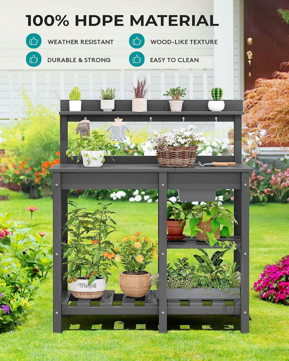 SERWALL Outdoor Potting Bench with Removable Sink,Gardening Table,Grey