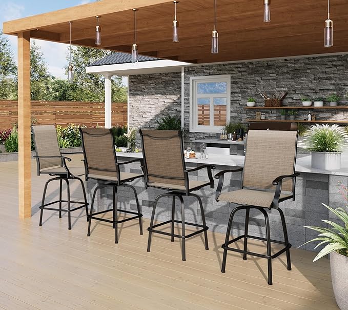 PHI VILLA Outdoor Bar Stools Set of 4, Swivel Patio Bar Stools & Chairs w...