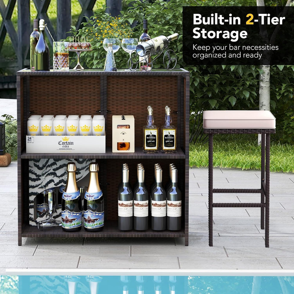 Tangkula Patio Bar Set, 3 Piece Outdoor Rattan Wicker Bar Set with 2 Cushions...