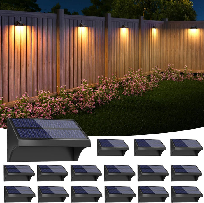 NIORSUN Outdoor Fence Lights, 16 Pack Waterproof LED Solar Fence Lights with 1500mAh Battery, Warm White/Cool White/RGB, Easy-to-Install Wall Light for Deck, Patio, Railing, Stairs, Backyard – Black