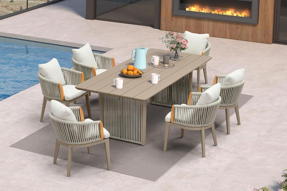 PURPLE LEAF Patio Dining Set for 6 Olefin Handwoven Rope Aluminum Beige
