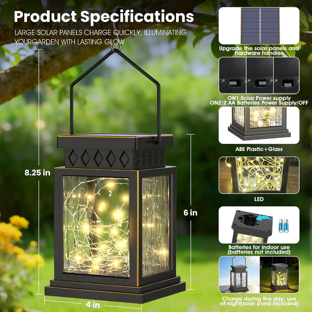 2 Pack Farmhouse Solar Lanterns , Water Ripple Glass & Copper Wire Flicke...